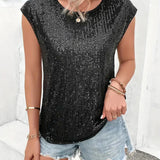 Blusa de mujer – Corte holgado – Tejido lujoso – Mangas cortas – Lentejuelas brillantes