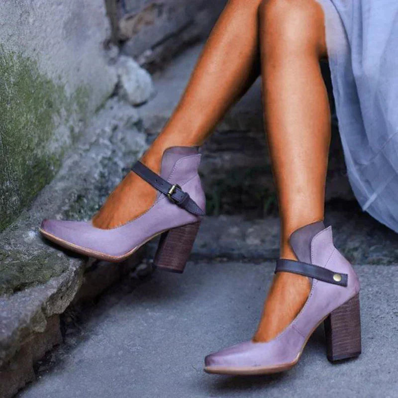 Zapatos de tacón cuadrado para mujer – Piel lisa – Correa en el tobillo – Elegante punta redonda