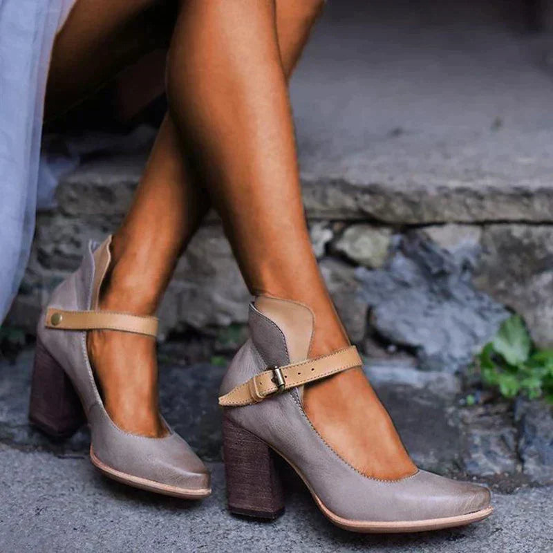 Zapatos de tacón para mujer – Punta redonda cerrada – Correa con hebilla – Tacón de bloque estable