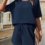 Conjunto informal para mujer: Top de manga corta con cuello redondo y pantalones cortos con cintura elástica