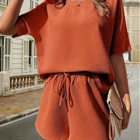 Conjunto informal para mujer: Top de manga corta con cuello redondo y pantalones cortos con cintura elástica