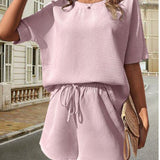 Conjunto informal para mujer: Top de manga corta con cuello redondo y pantalones cortos con cintura elástica