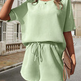 Conjunto informal para mujer: Top de manga corta con cuello redondo y pantalones cortos con cintura elástica