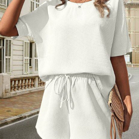 Conjunto informal para mujer: Top de manga corta con cuello redondo y pantalones cortos con cintura elástica
