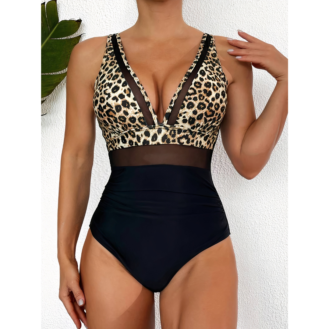 Traje de baño de una pieza para mujer – Escote pronunciado – Malla moldeadora – Paneles de tul