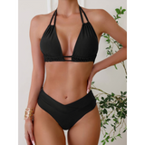 Bikini para mujer – Top halter ajustable – Braguita de talle alto con corte en V – Tejido transpirable