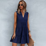 Vestido sin mangas para mujer - Corte acampanado - Volantes de moda - Cuello en V fluido