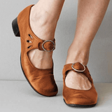 Sandalias de piel para mujer – Punta cerrada – Tacón bajo – Hebilla ajustable – Recortes