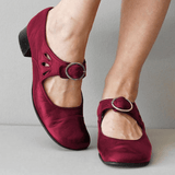 Sandalias de piel para mujer – Punta cerrada – Tacón bajo – Hebilla ajustable – Recortes