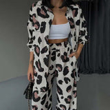 Conjunto de dos piezas para mujer - Tejido ligero - Estampado de leopardo - Corte holgado
