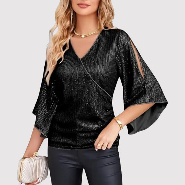Top de mujer - Cuello en V - Mangas cortas acampanadas - Lentejuelas brillantes - Corte semiajustado