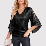 Top de mujer - Cuello en V - Mangas cortas acampanadas - Lentejuelas brillantes - Corte semiajustado