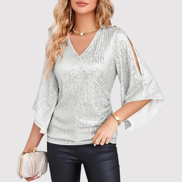 Top de mujer - Cuello en V - Mangas cortas acampanadas - Lentejuelas brillantes - Corte semiajustado