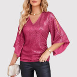 Top de mujer - Cuello en V - Mangas cortas acampanadas - Lentejuelas brillantes - Corte semiajustado