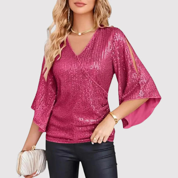 Top de mujer - Cuello en V - Mangas cortas acampanadas - Lentejuelas brillantes - Corte semiajustado