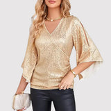 Top de mujer - Cuello en V - Mangas cortas acampanadas - Lentejuelas brillantes - Corte semiajustado