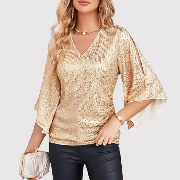 Top de mujer - Cuello en V - Mangas cortas acampanadas - Lentejuelas brillantes - Corte semiajustado