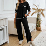 Conjunto de estar por casa para mujer – Punto suave – Corte holgado – Pantalones anchos – Ribetes en contraste