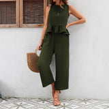 Conjunto de pantalón y chaleco para mujer – Tejido transpirable – Corte holgado y fluido – Detalle de volantes