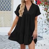 Vestido evasé para mujer – Tejido transpirable – Mangas cortas – Cuello en pico – Bajo con volantes