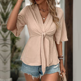 Blusa de mujer – Corte relajado – Lazo delantero – Mangas anchas hasta el codo – Cuello en pico