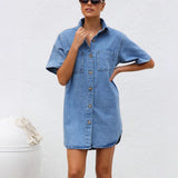Vestido camisero para mujer – Denim suave – Corte oversize – Mangas cortas – Abotonado