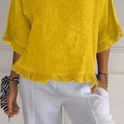 Blusa de manga corta para mujer – Corte fluido – Mezcla de lino y algodón – Cuello redondo – Ribete con volantes