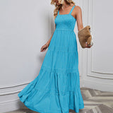 Vestido largo de mujer – Algodón ligero – Cuerpo fruncido – Falda evasé con volantes – Tirantes finos