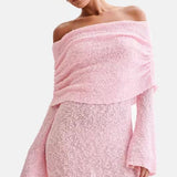 Vestido de playa para mujer – Punto ligero – Corte entallado – Hombros descubiertos – Mangas largas