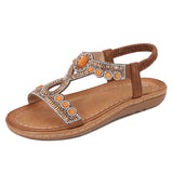 Sandalias de mujer – Suela plana – Tira elástica – Cuentas y cristales boho chic