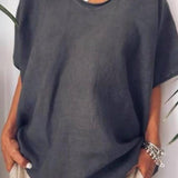 Camiseta de mujer – Corte relajado – Mezcla de algodón y lino – Cuello en V – Mangas cortas