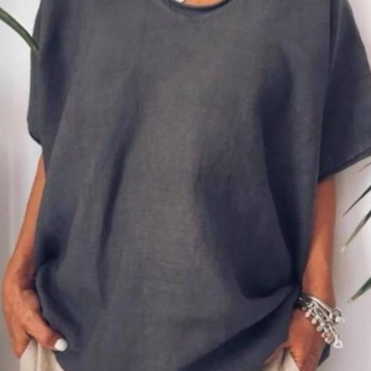 Camiseta de mujer – Corte relajado – Mezcla de algodón y lino – Cuello en V – Mangas cortas