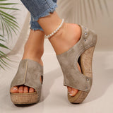 Sandalias de cuña para mujer – Punta abierta – Piel texturizada – Tacón de corcho – Detalles de remaches