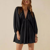 Vestido corto de mujer – lino y algodón – corte holgado – manga larga – escote en pico