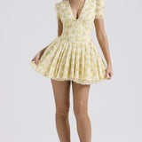 Vestido corto de mujer – Corte evasé – Mangas abullonadas – Cuello en pico – Estampado floral