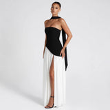 Vestido de noche para mujer – Sin tirantes – Cuerpo asimétrico – Falda con abertura fluida