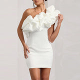 Vestido mini de mujer – Corte entallado – Un hombro con volante – Elegante tejido de satén