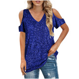 Top de mujer – Hombros descubiertos – Cuello en V – Corte holgado – Parte delantera con lentejuelas