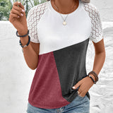 Camiseta de mujer – Corte holgado – Mangas de encaje – Estampado geométrico – Cuello redondo