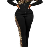 Conjunto de pantalón de dos piezas para mujer – Corte ajustado – Estampado animal – Cremallera frontal