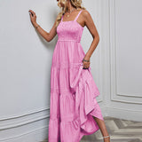 Vestido largo de mujer – Algodón ligero – Cuerpo fruncido – Falda evasé con volantes – Tirantes finos