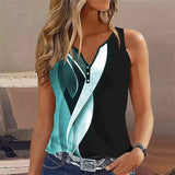 Top sin mangas para mujer – Cuello en V – Corte fluido – Botones decorativos – Estampado moderno