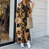 Vestido largo estampado de mujer con cuello abotonado y mangas largas.