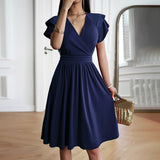 Vestido de mujer - Elegante estilo cruzado - Mangas cortas abullonadas - Cintura ajustada