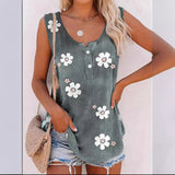 Camiseta de tirantes para mujer – Estampado floral – Corte holgado – Cuello redondo abotonado – Tejido ligero