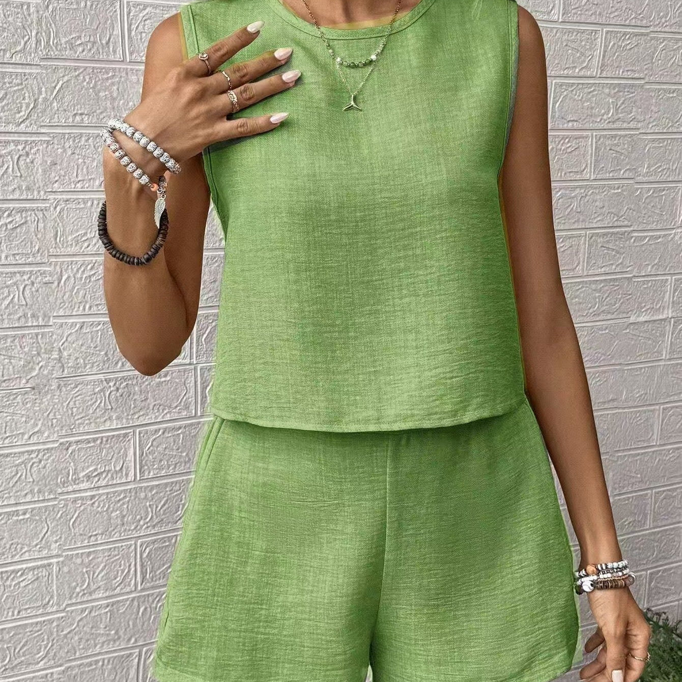 Conjunto de camiseta sin mangas y pantalones cortos para mujer – Corte holgado – Tejido ligero – Cintura elástica
