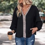 Blusa de mujer – Corte holgado – Cuello en pico – Mangas abullonadas – Detalle de estampado de leopardo