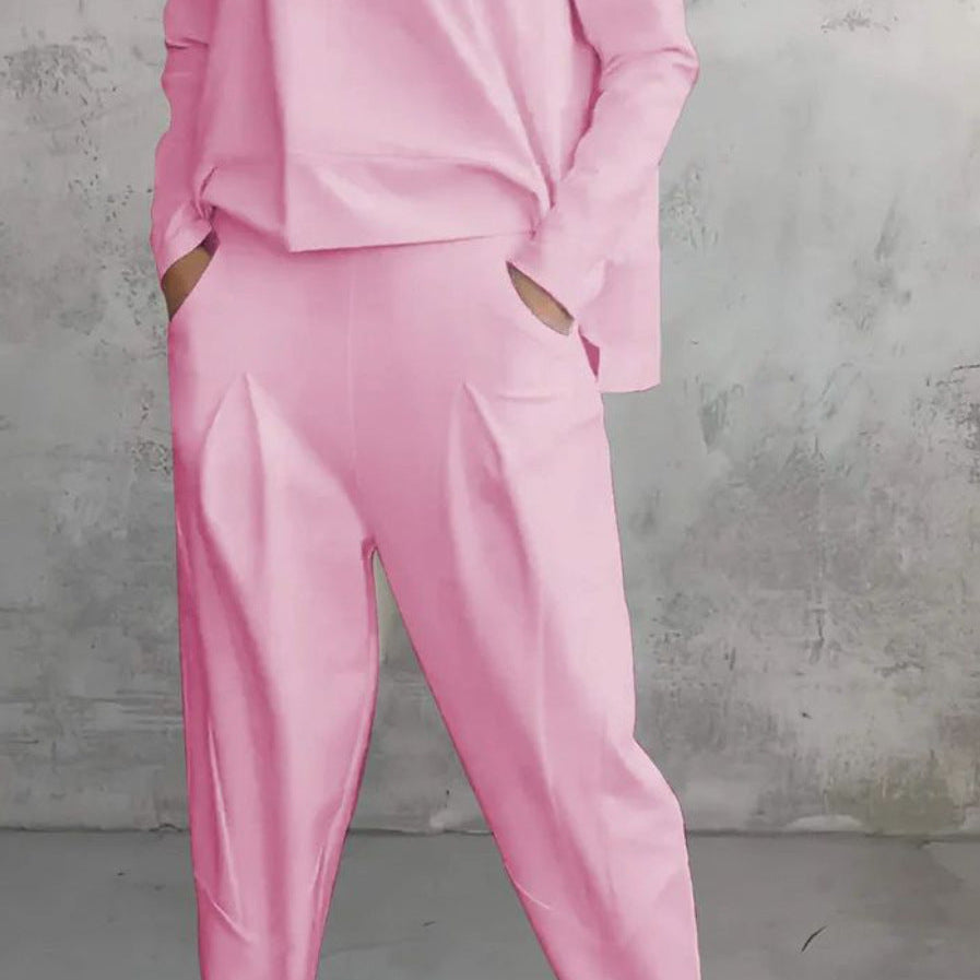 Traje de dos piezas para mujer – Corte ajustado – Top de manga larga con cuello redondo – Pantalones ajustados