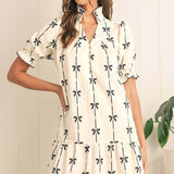 Vestido trapecio para mujer – Fibras naturales – Mangas abullonadas – Diseño de lazo – Cuello en V