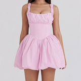 Vestido trapecio para mujer – Cuerpo ajustado – Tirantes con volantes – Minifalda abullonada